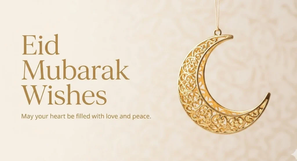 A beautiful golden crescent moon with a lantern, signifying Eid Mubarak 2026