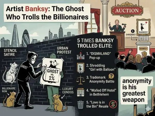 Infographic titled 'Artist Banksy: The Ghost Who Trolls the Billionaires' featuring the iconic shredded 'Girl with Balloon' auction moment. Includes a 'Top 5' list of Banksy's stunts, mentions of the 2026 'Billionaire Row' stencils, and his ongoing legal battle for anonymity.