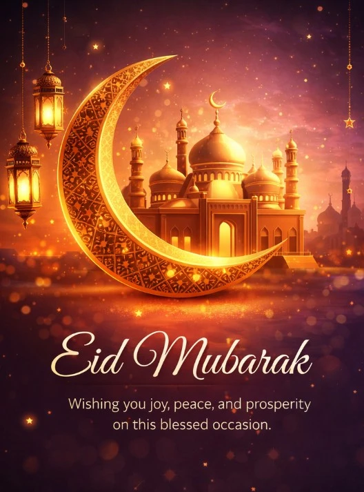 Eid Mubarak greeting with golden crescent moon, mosque, and lanterns in warm festive lighting with a joyful Islamic celebration theme