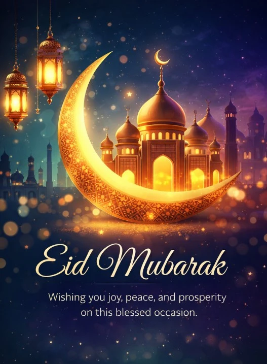 Eid Mubarak night scene featuring glowing crescent moon, mosque architecture, and hanging lanterns with peaceful festive ambiance