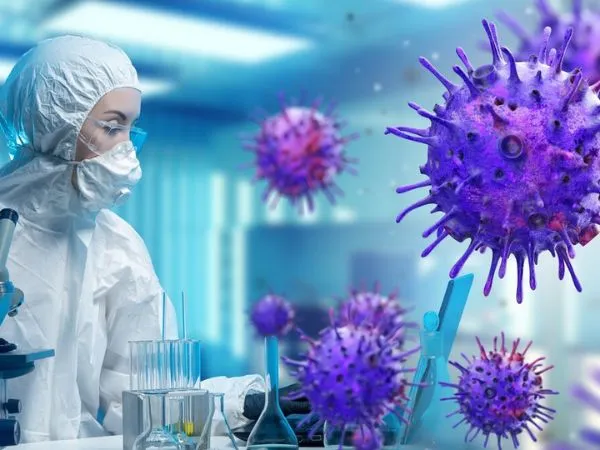 Futuristic illustration of COVID-19 variant with glowing virus particles representing BA.3.2 Cicada variant