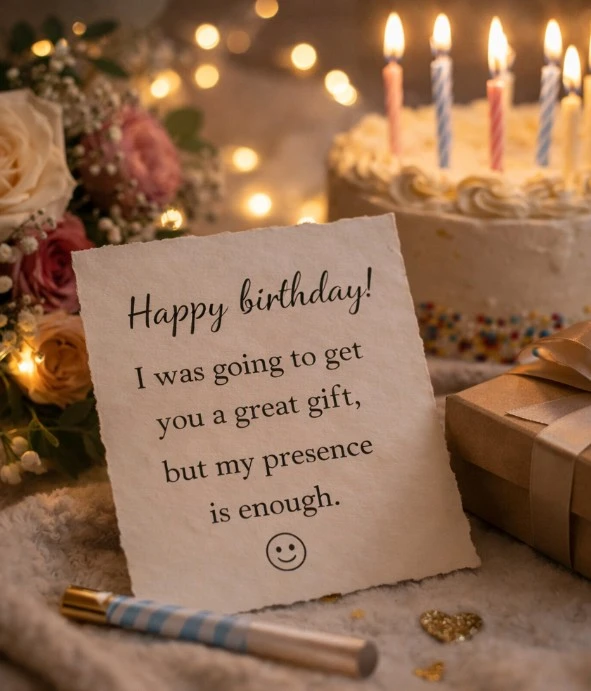 Happy birthday! I was going to get you a great gift, but my presence is enough