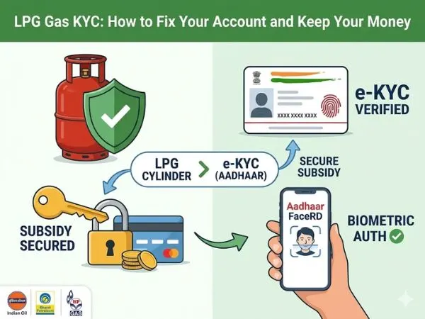 Infographic showing LPG gas cylinder security, Aadhaar card e-KYC verification process, and a hand holding a phone using the Aadhaar FaceRD app to secure government subsidies