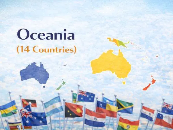 Oceania countries map and flags