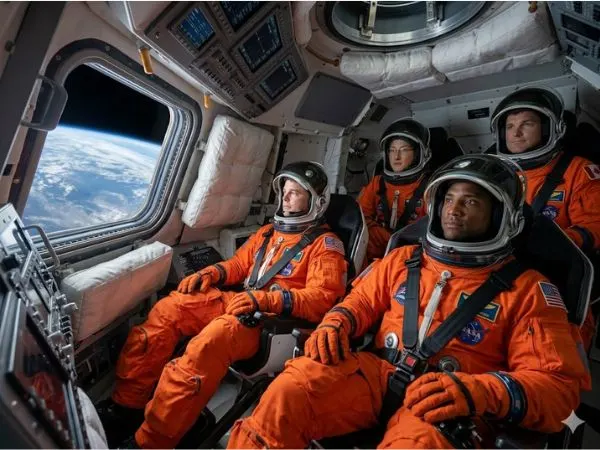 Four astronauts in orange spacesuits inside the Orion spacecraft looking at Earth, representing the historic crew of the NASA Artemis II launch and the future of space exploration.