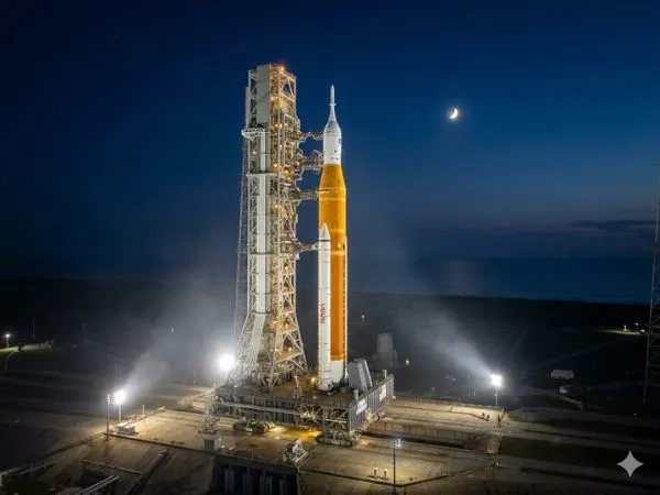 The massive NASA Artemis rocket launch vehicle standing on the pad at Kennedy Space Center at night, illuminated by spotlights ahead of the Artemis II mission.