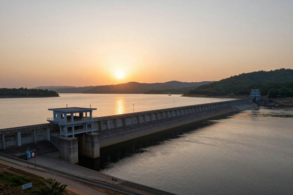 Mukutmanipur Dam and reservoir at sunset